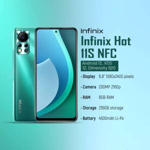 Infinix Hot 11S NFC smartphone in teal color with specifications