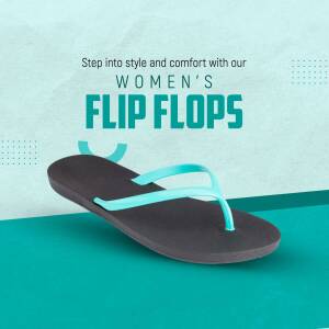 A pair of women's flip flops in teal and brown, displayed on a teal and blue background.
