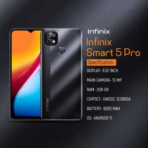 Infinix Smart 5 Pro smartphone with specifications displayed