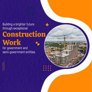 Construction site with cranes and buildings under development, promoting construction services for government projects.
