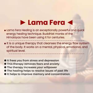 Image depicting Lama Fera healing with a Buddhist monk in the background and text explaining the therapy.