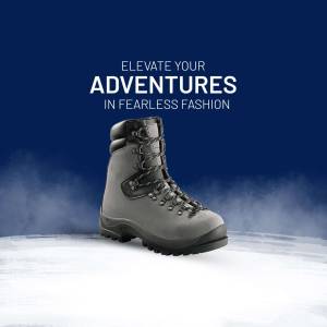 Gray hiking boot on a misty surface with text 'Elevate Your Adventures in Fearless Fashion'