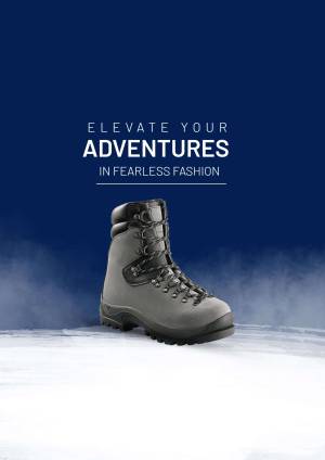 Grey hiking boots on a snowy surface with text 'Elevate Your Adventures in Fearless Fashion'