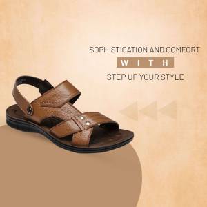Close-up of a stylish brown leather sandal on a beige background.