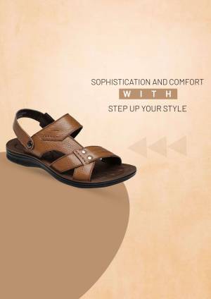 Close-up of a brown leather sandal on a beige background with text promoting style and comfort.