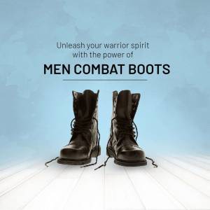 Pair of black men's combat boots on a light blue and white wooden surface
