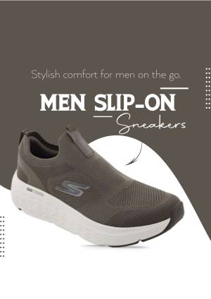 Close-up of grey Skechers men's slip-on sneakers with a white sole.