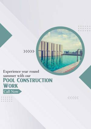 Modern pool construction with a turquoise water reflection and architectural building in the background.