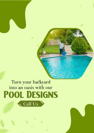Image of a clean blue swimming pool in a backyard with text promoting pool designs.