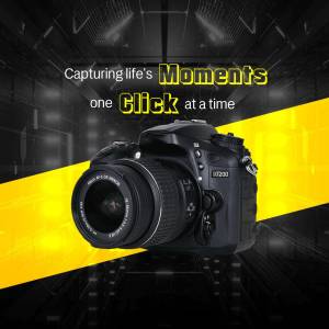 Black DSLR camera on a yellow and black background with text 'Capturing life's Moments one Click at a time'