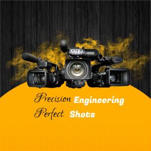 Professional video camera with yellow smoke and text 'Precision Engineering Perfect Shots'