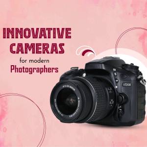 Black DSLR camera on a pink abstract background with text 'Innovative Cameras for modern Photographers'