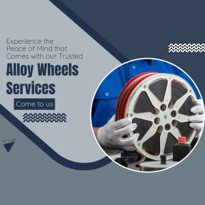 Close-up of a mechanic working on an alloy wheel with text promoting trusted alloy wheel services.