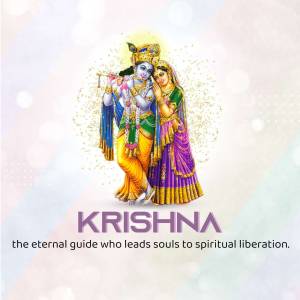 Image of Lord Krishna playing the flute with Radha, with the text 'Krishna - the eternal guide who leads souls to spiritual liberation.'