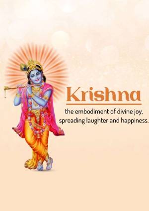 Image of Lord Krishna playing the flute with a radiant halo and the word 'Krishna' displayed prominently.