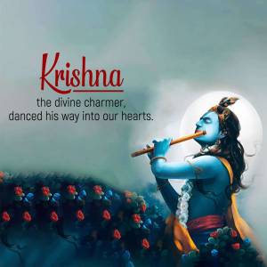 Digital art of Lord Krishna playing the flute, surrounded by flowers and a glowing aura.