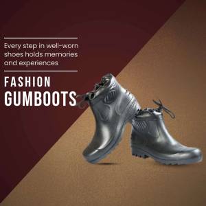 Pair of black gumboots on a two-toned background with text overlay.