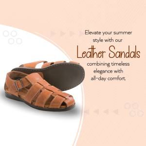 Close-up of brown leather sandals with a promotional text overlay.