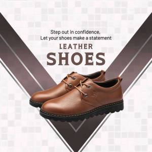 Brown leather shoes on a geometric background with text promoting confidence.