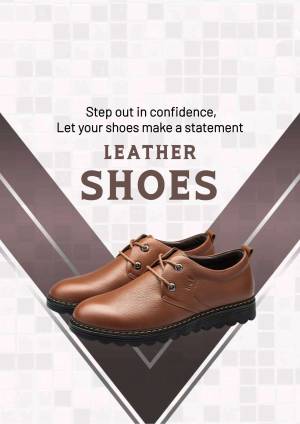 Brown leather shoes on a patterned background with promotional text.