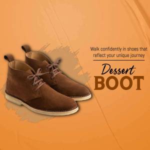 Brown suede desert boots on an orange background with text.