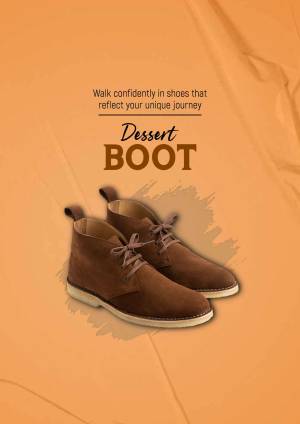 Brown suede desert boots on a textured orange background with promotional text.