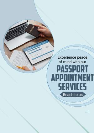 Image depicting passport, laptop, and visa application form with text promoting passport appointment services.