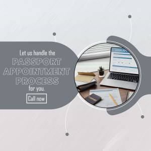Image promoting passport appointment assistance service with a laptop and passport.