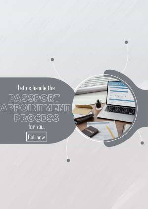 Image promoting passport application assistance services with a laptop and passport.