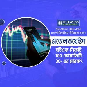 Image of a hand holding a smartphone displaying stock market data with Edelweiss Mutual Fund branding.