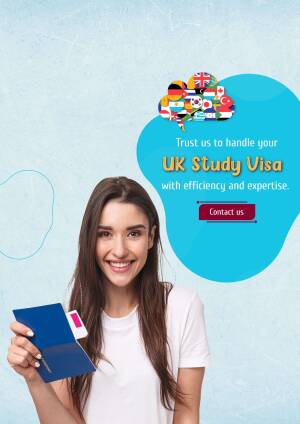 Woman holding a passport with flags representing different countries, promoting UK Study Visa services.