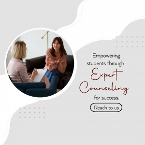 Two women in a counseling session, promoting expert counseling services for students.