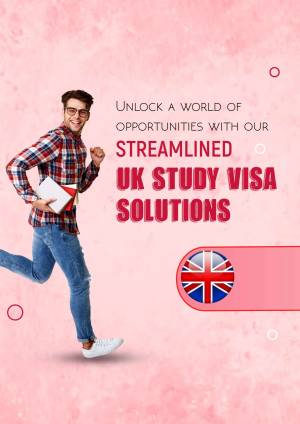 A young man running with books, promoting UK study visa services.