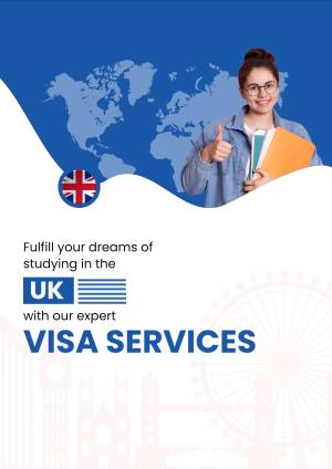 Young woman with UK flag and world map promoting UK visa services