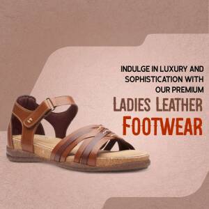 Brown leather sandals for women on a gradient background with promotional text.