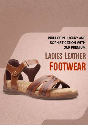 Brown leather sandals for women on a gradient background with text promoting luxury footwear.