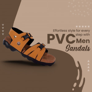 Orange and black PVC men's sandals on a brown background
