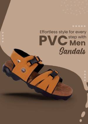 Close-up of brown and black PVC men's sandals on a brown background.
