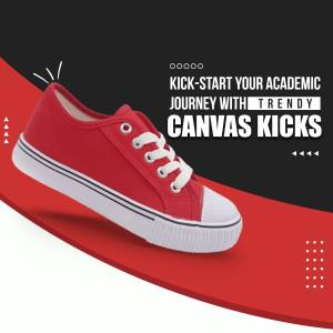 Red canvas shoes with the text 'Kick-Start Your Academic Journey with Trendy Canvas Kicks'