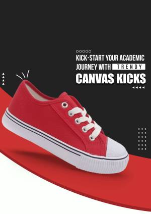 Red canvas sneakers with a dynamic background promoting academic resources.