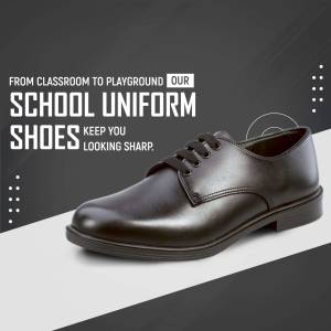 Close-up of a pair of black school uniform shoes on a modern background.
