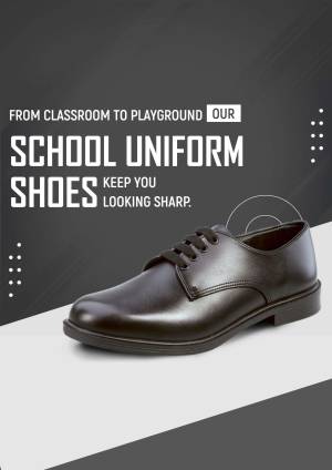 Black school shoes on a dark and light gray background with text promoting school uniforms.