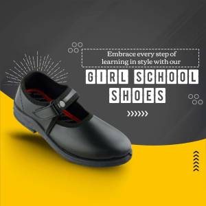 Black school shoes for girls with a yellow and grey background