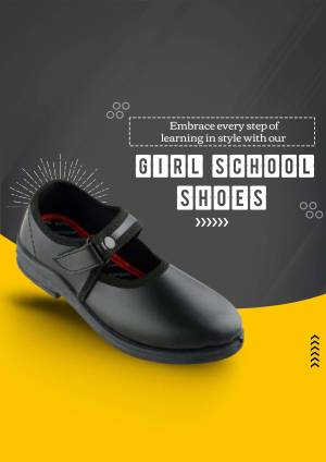 Black school shoes for girls with a yellow and grey background