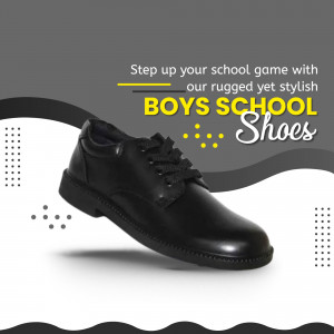 Black school shoes for boys on a gradient background with text promoting school footwear.