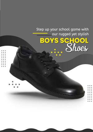 Black school shoes for boys on a grey background with text promoting school footwear.