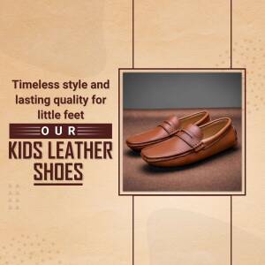 Pair of brown leather kids loafers on a wooden surface with promotional text.