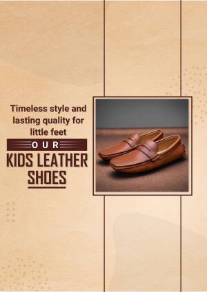 Pair of brown leather kids shoes on a textured background with promotional text.
