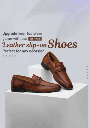 Brown leather slip-on shoes on a white pedestal