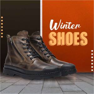 Brown leather winter boots with zipper detail on a promotional graphic